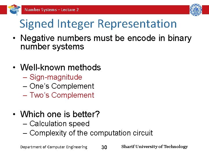 Number Systems – Lecture 2 Signed Integer Representation • Negative numbers must be encode