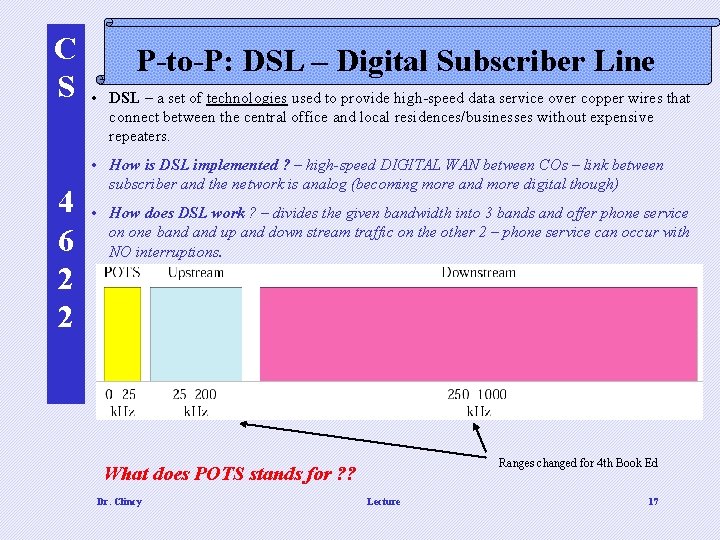 C S 4 6 2 2 P-to-P: DSL – Digital Subscriber Line • DSL