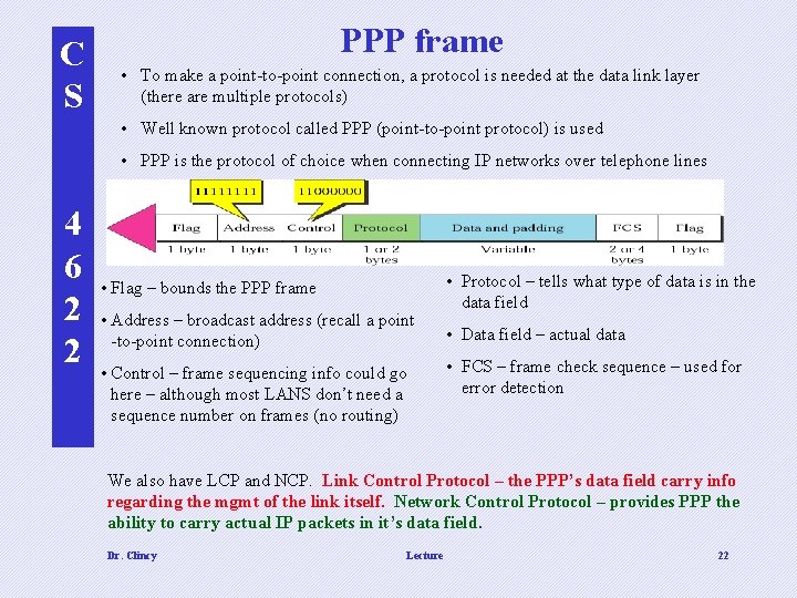 C S PPP frame • To make a point-to-point connection, a protocol is needed