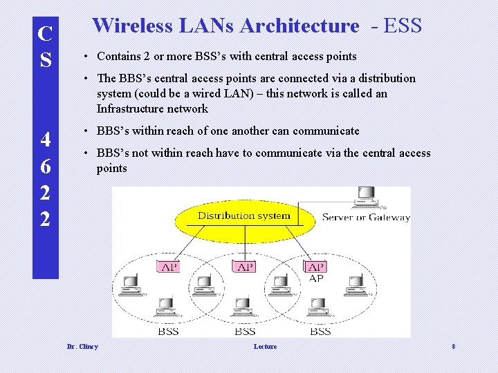 C S 4 6 2 2 Wireless LANs Architecture - ESS • Contains 2