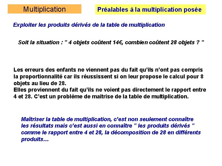 Multiplication Préalables à la multiplication posée Exploiter les produits dérivés de la table de