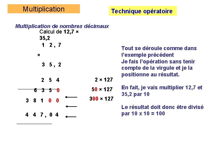 Multiplication Technique opératoire Multiplication de nombres décimaux Calcul de 12, 7 × 35, 2