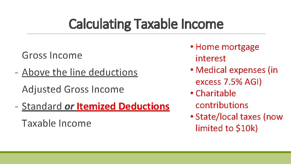 Calculating Taxable Income Gross Income - Above the line deductions Adjusted Gross Income - Calculating Taxable Income Gross Income - Above the line deductions Adjusted Gross Income -
