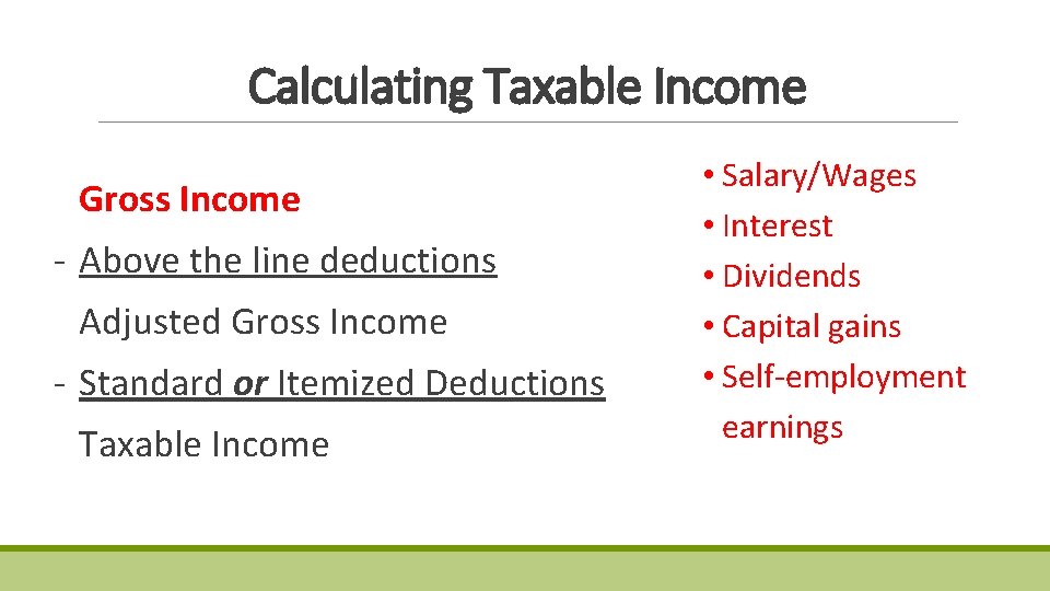 Calculating Taxable Income Gross Income - Above the line deductions Adjusted Gross Income - Calculating Taxable Income Gross Income - Above the line deductions Adjusted Gross Income -