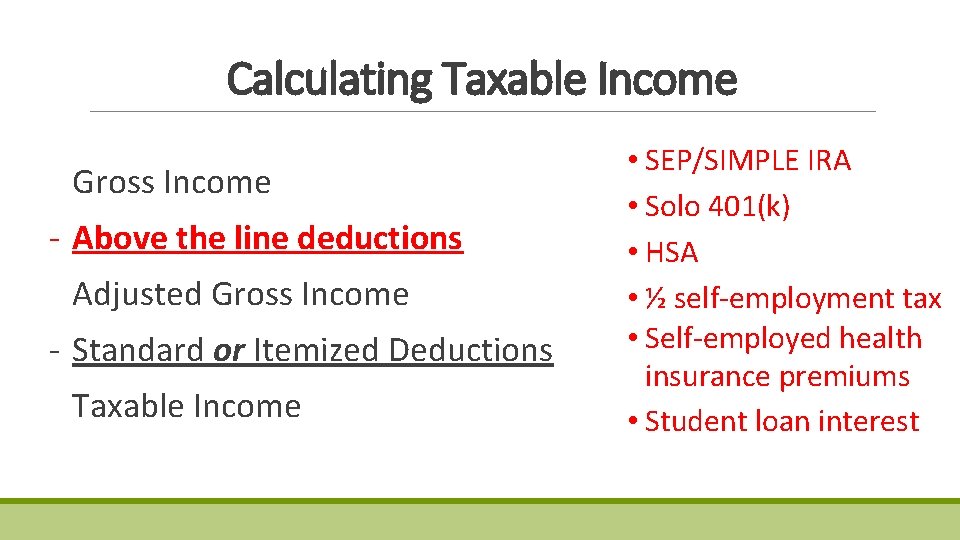 Calculating Taxable Income Gross Income - Above the line deductions Adjusted Gross Income - Calculating Taxable Income Gross Income - Above the line deductions Adjusted Gross Income -