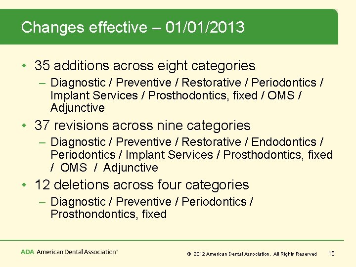 Changes effective – 01/01/2013 • 35 additions across eight categories – Diagnostic / Preventive