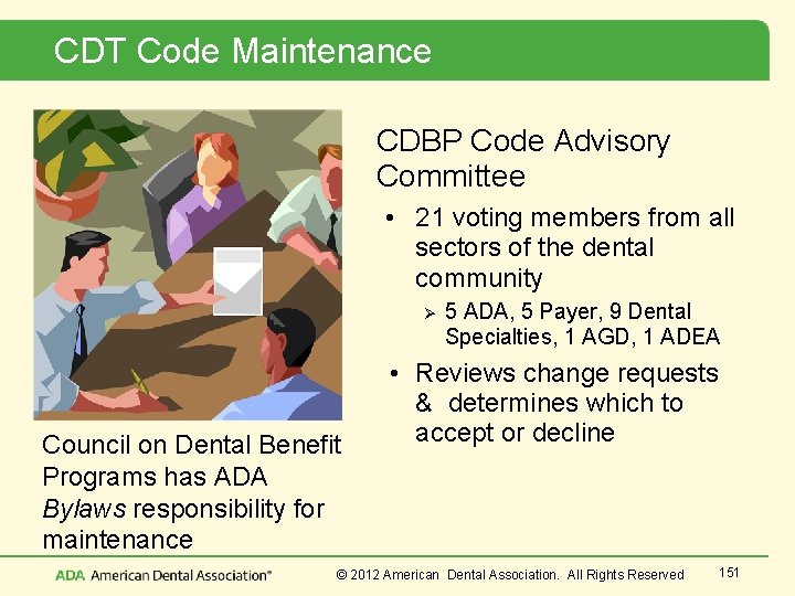 CDT Code Maintenance CDBP Code Advisory Committee • 21 voting members from all sectors