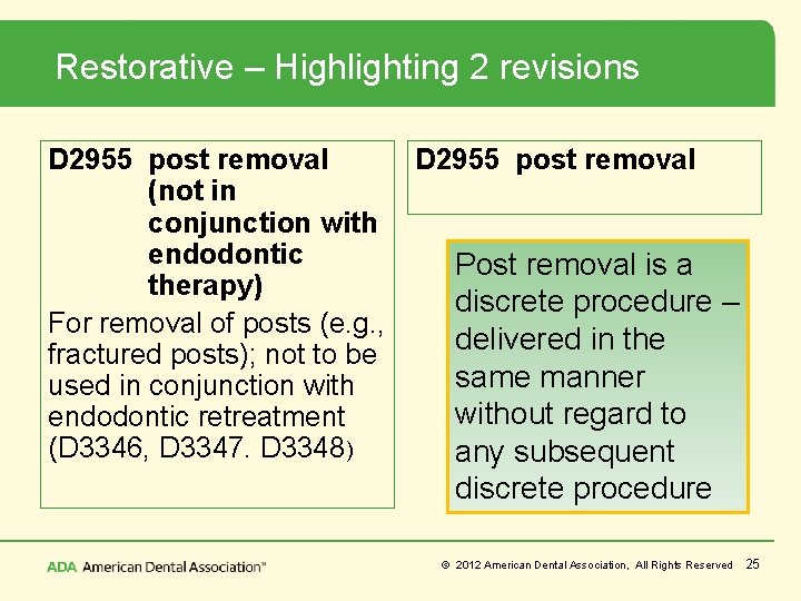 Restorative – Highlighting 2 revisions D 2955 post removal (not in conjunction with endodontic