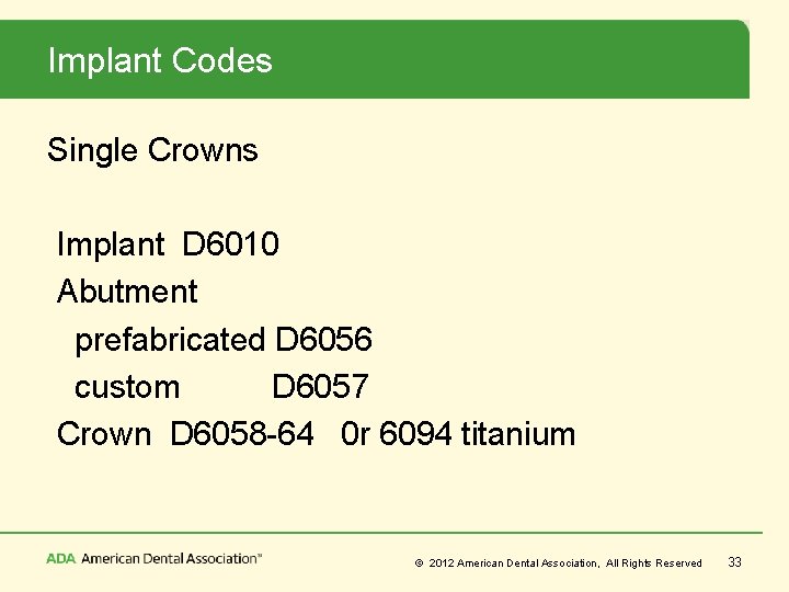 Implant Codes Single Crowns Implant D 6010 Abutment prefabricated D 6056 custom D 6057