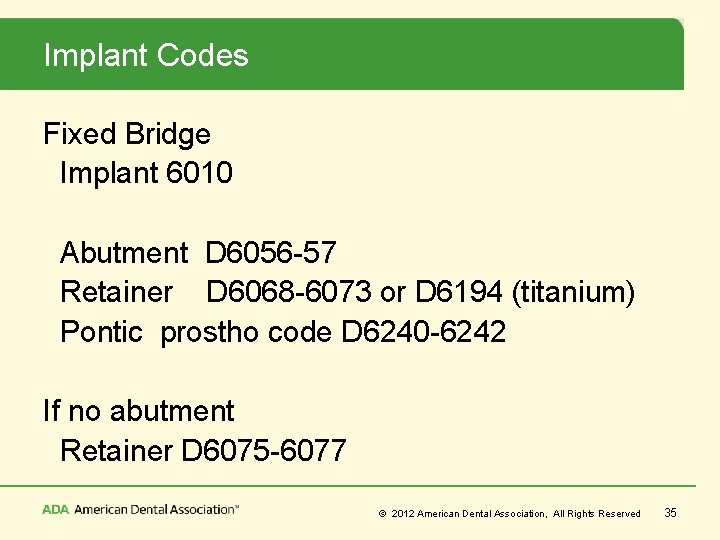 Implant Codes Fixed Bridge Implant 6010 Abutment D 6056 -57 Retainer D 6068 -6073
