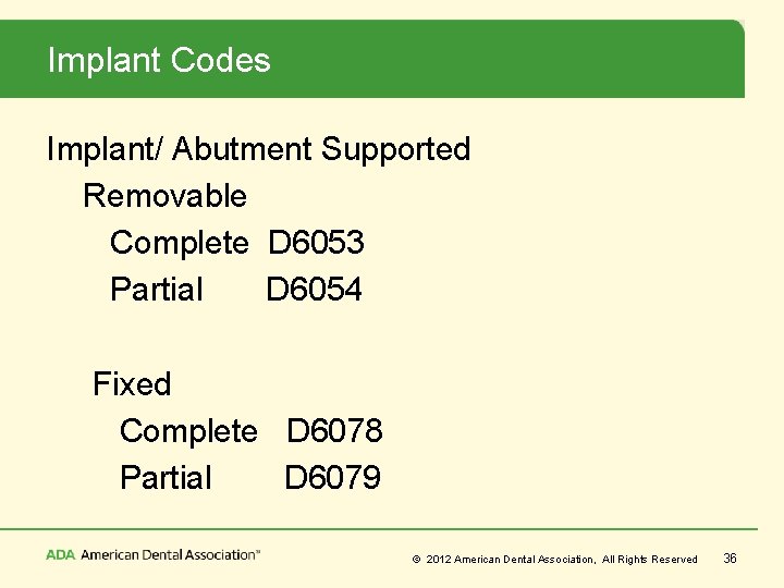 Implant Codes Implant/ Abutment Supported Removable Complete D 6053 Partial D 6054 Fixed Complete