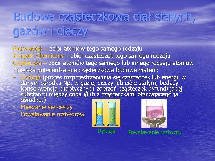 Budowa cząsteczkowa ciał stałych, gazów i cieczy Pierwiastek – zbiór atomów tego samego rodzaju