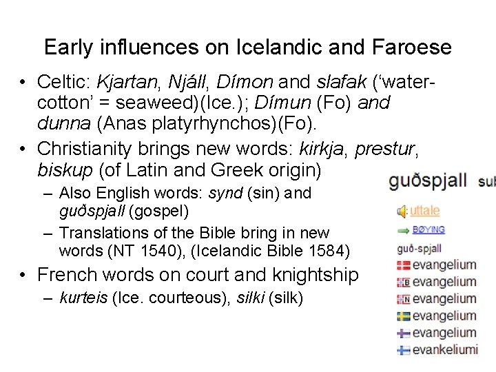 Early influences on Icelandic and Faroese • Celtic: Kjartan, Njáll, Dímon and slafak (‘watercotton’