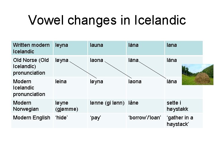 Vowel changes in Icelandic Written modern leyna Icelandic launa lána lana Old Norse (Old