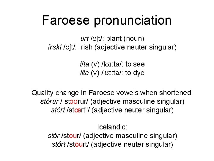 Faroese pronunciation urt /ʊʃt/: plant (noun) írskt /ʊʃt/: Irish (adjective neuter singular) líta (v)