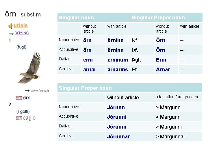 Singular noun Singular Proper noun without article with article Nominative örninn Nf. Örn --