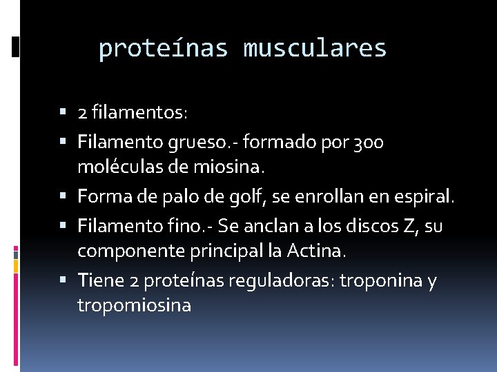 proteínas musculares 2 filamentos: Filamento grueso. - formado por 300 moléculas de miosina. Forma
