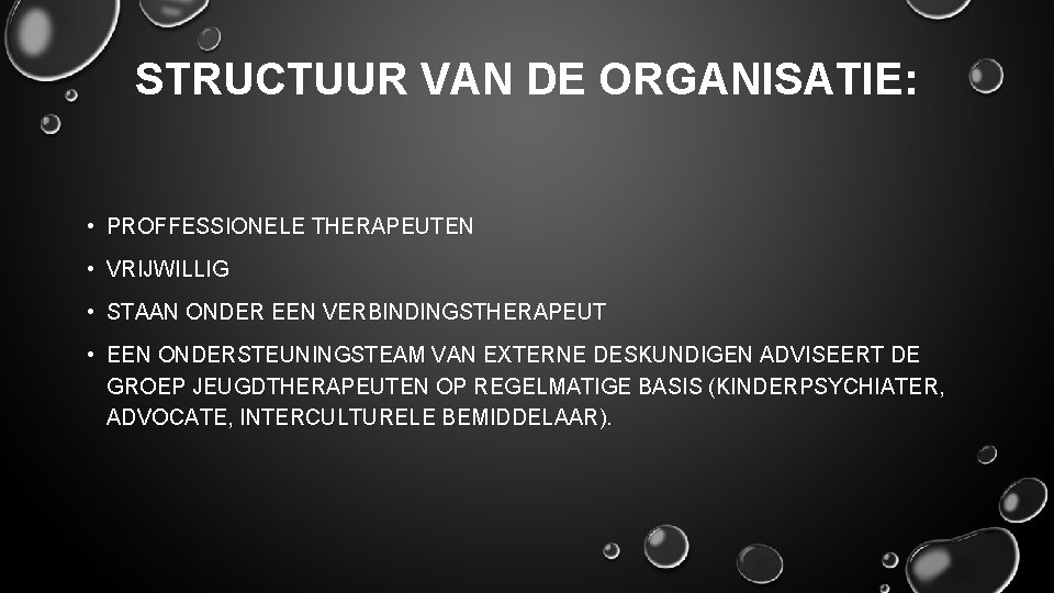 STRUCTUUR VAN DE ORGANISATIE: • PROFFESSIONELE THERAPEUTEN • VRIJWILLIG • STAAN ONDER EEN VERBINDINGSTHERAPEUT
