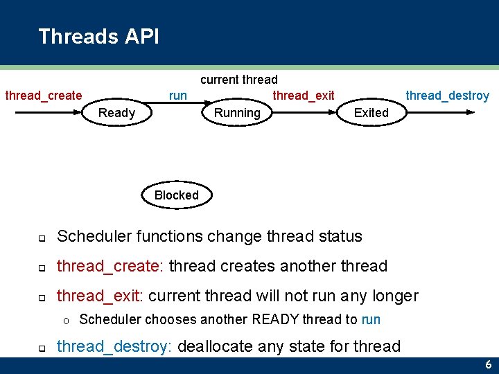 Threads API thread_create run Ready current thread_exit Running thread_destroy Exited Blocked q Scheduler functions