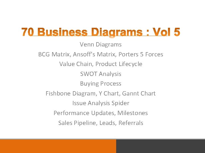 Venn Diagrams BCG Matrix, Ansoff’s Matrix, Porters 5 Forces Value Chain, Product Lifecycle SWOT