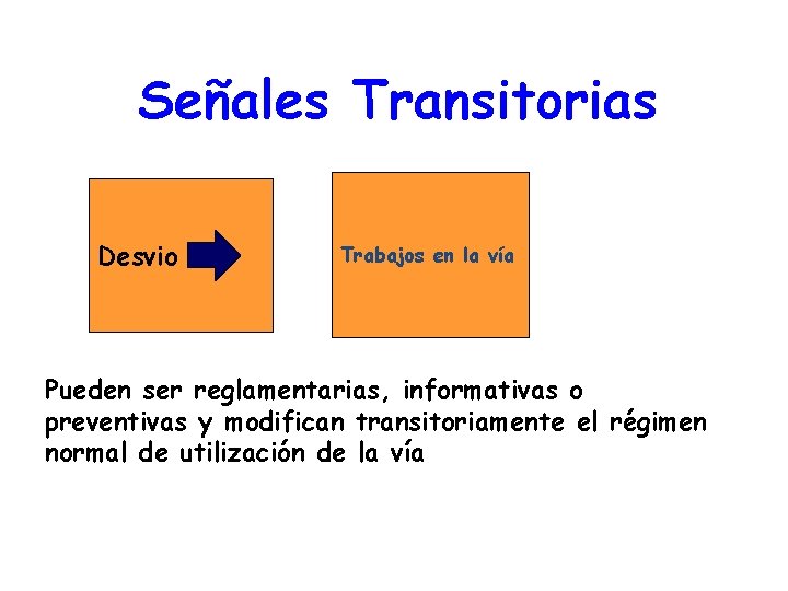 Señales Transitorias Desvio Trabajos en la vía Pueden ser reglamentarias, informativas o preventivas y