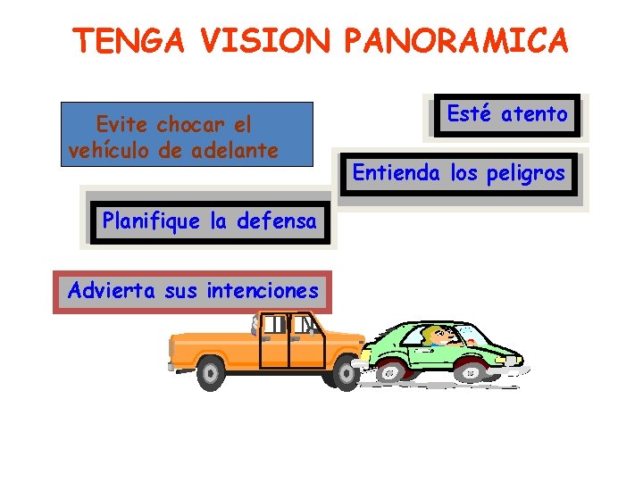 TENGA VISION PANORAMICA Evite chocar el vehículo de adelante Planifique la defensa Advierta sus