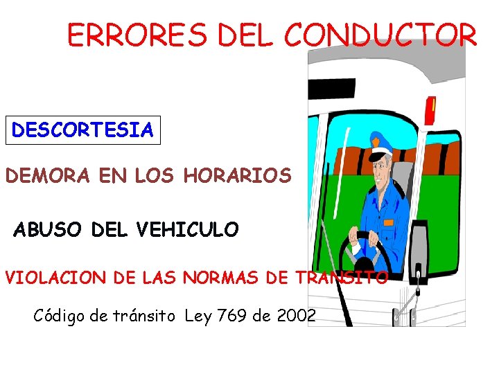 ERRORES DEL CONDUCTOR DESCORTESIA DEMORA EN LOS HORARIOS ABUSO DEL VEHICULO VIOLACION DE LAS