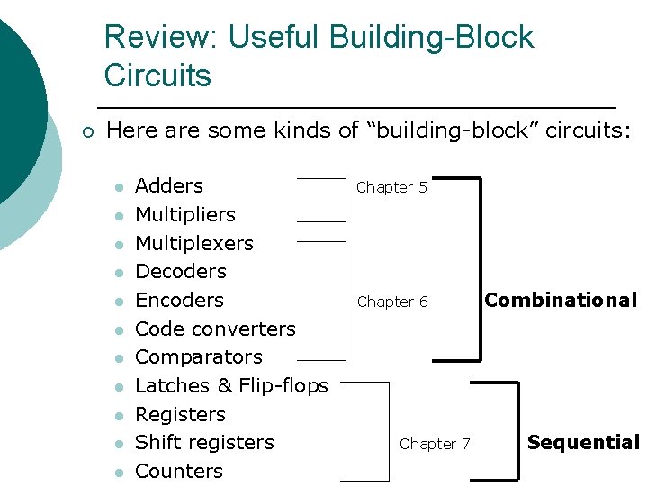 Review: Useful Building-Block Circuits ¡ Here are some kinds of “building-block” circuits: l l