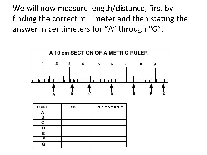 We will now measure length/distance, first by finding the correct millimeter and then stating