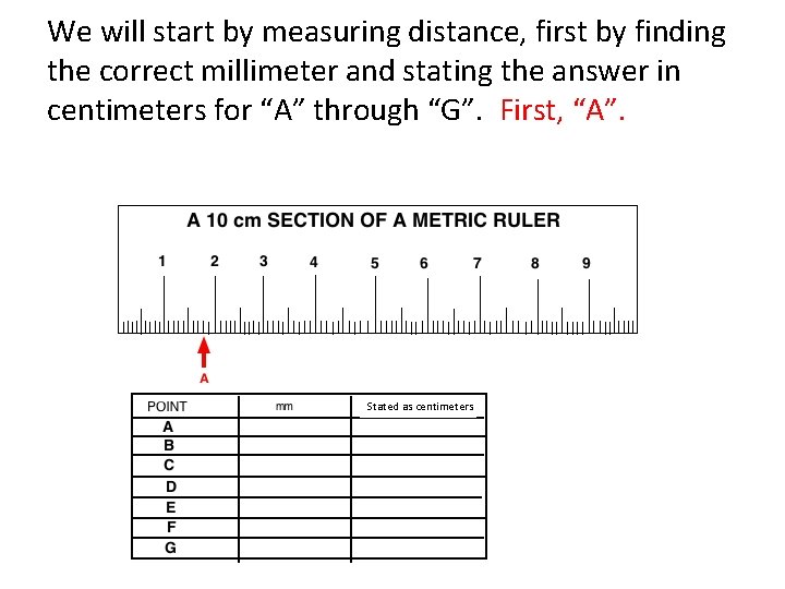 We will start by measuring distance, first by finding the correct millimeter and stating