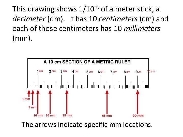 This drawing shows 1/10 th of a meter stick, a decimeter (dm). It has