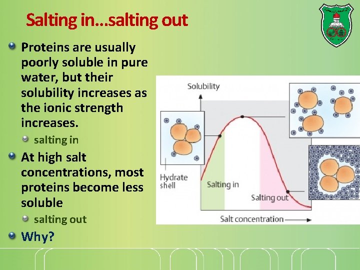 Salting in…salting out Proteins are usually poorly soluble in pure water, but their solubility