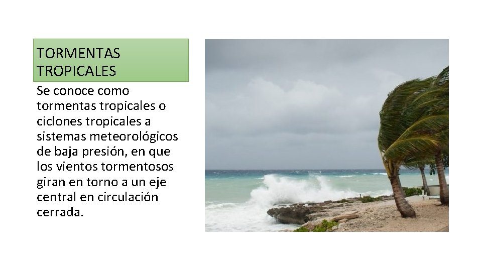 TORMENTAS TROPICALES Se conoce como tormentas tropicales o ciclones tropicales a sistemas meteorológicos de