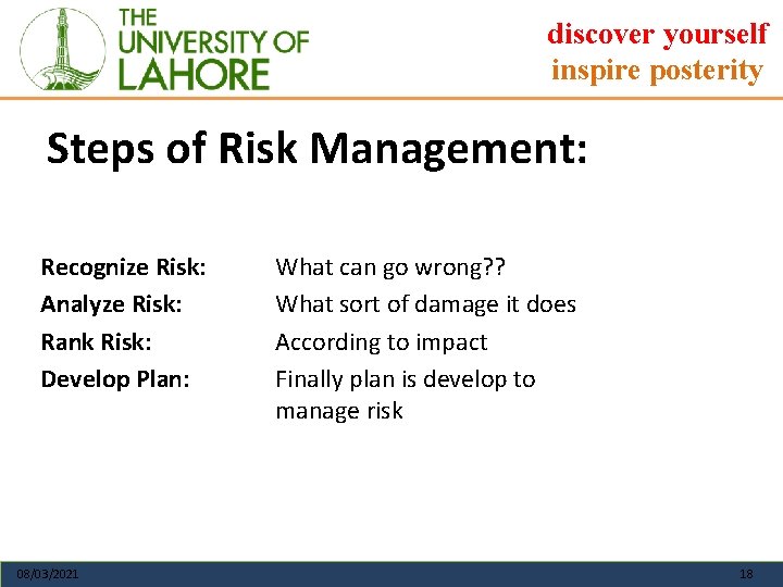 discover yourself inspire posterity Steps of Risk Management: Recognize Risk: Analyze Risk: Rank Risk: