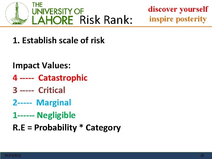 Risk Rank: discover yourself inspire posterity 1. Establish scale of risk Impact Values: 4