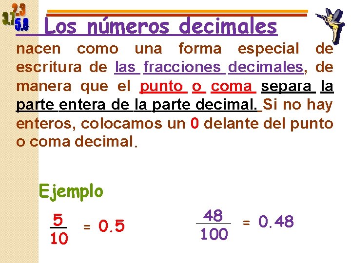 Los números decimales nacen como una forma especial de escritura de las fracciones decimales,