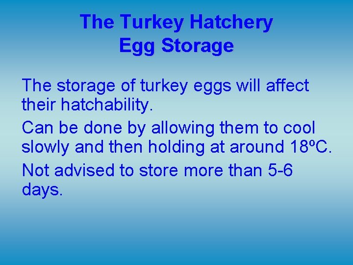 The Turkey Hatchery Egg Storage The storage of turkey eggs will affect their hatchability.