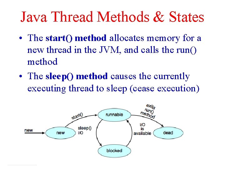 Java Thread Methods & States • The start() method allocates memory for a new