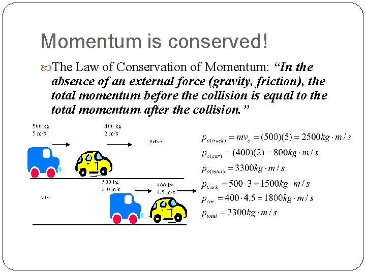 Momentum is conserved! The Law of Conservation of Momentum: “In the absence of an