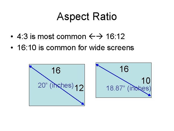 Aspect Ratio • 4: 3 is most common 16: 12 • 16: 10 is