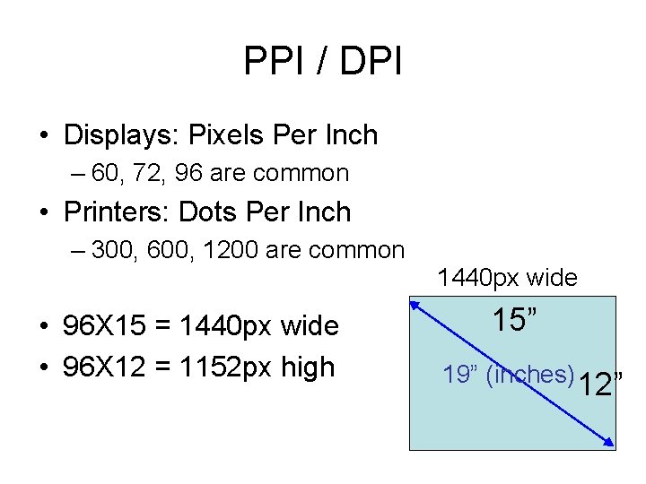 PPI / DPI • Displays: Pixels Per Inch – 60, 72, 96 are common