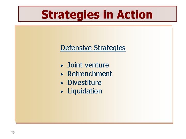 Strategies in Action Defensive Strategies • • 30 Joint venture Retrenchment Divestiture Liquidation 