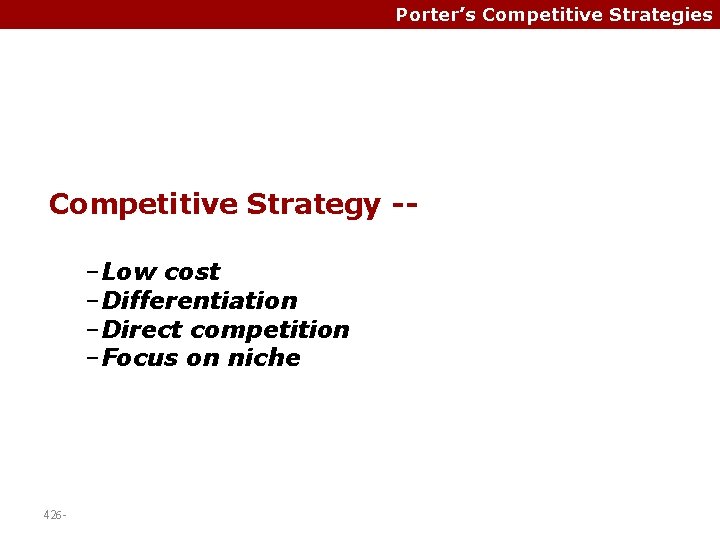 Porter’s Competitive Strategies Competitive Strategy -–Low cost –Differentiation –Direct competition –Focus on niche 426