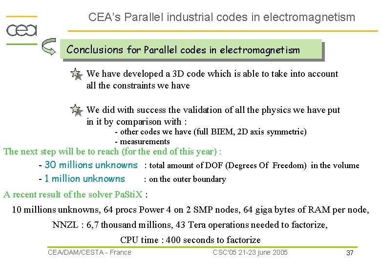 CEA’s Parallel industrial codes in electromagnetism Conclusions for Parallel codes in electromagnetism We have