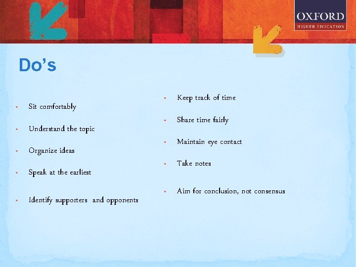 Do’s • • • Sit comfortably Understand the topic Organize ideas Speak at the