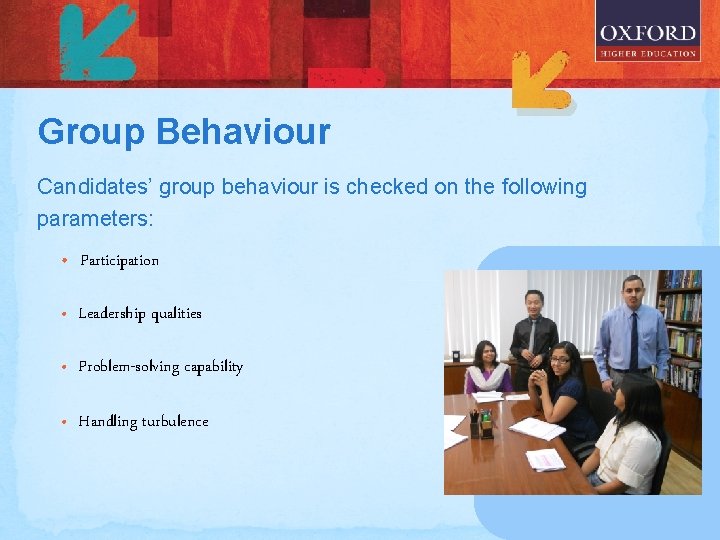 Group Behaviour Candidates’ group behaviour is checked on the following parameters: • Participation •