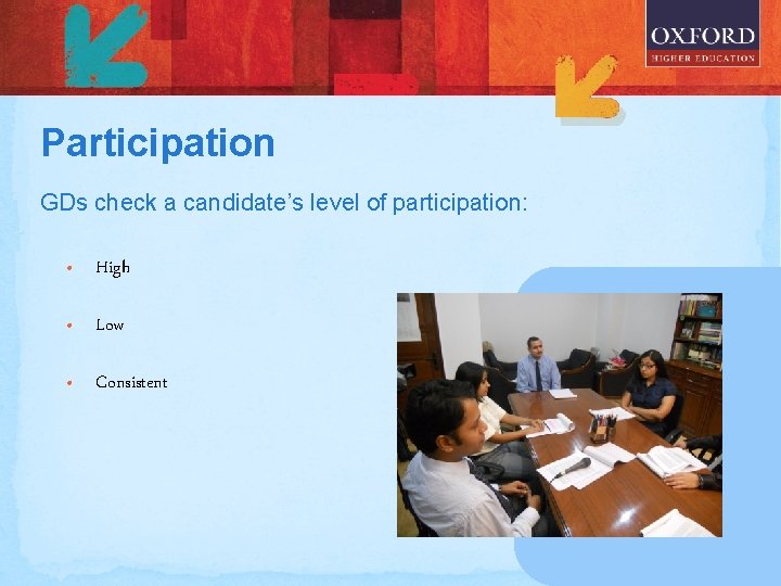 Participation GDs check a candidate’s level of participation: • High • Low • Consistent