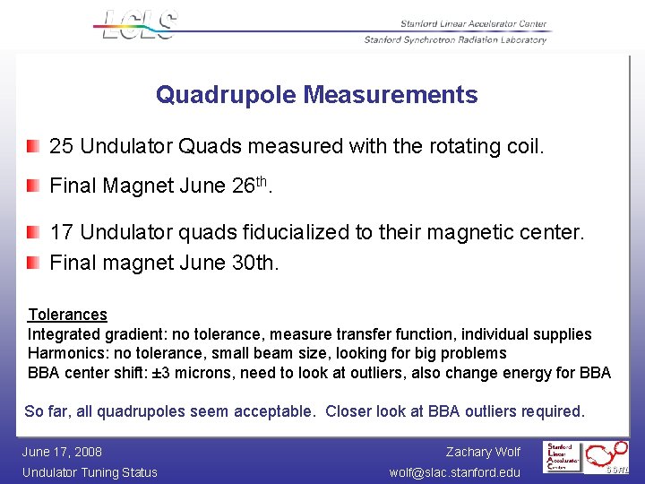 Quadrupole Measurements 25 Undulator Quads measured with the rotating coil. Final Magnet June 26