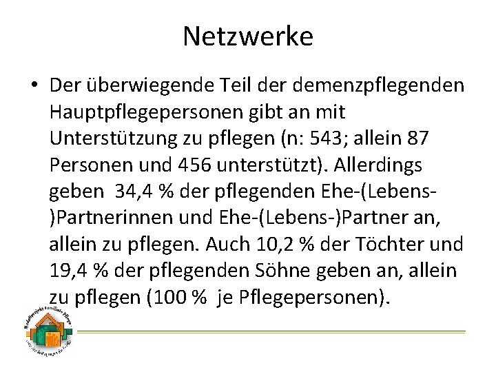 Netzwerke • Der überwiegende Teil der demenzpflegenden Hauptpflegepersonen gibt an mit Unterstützung zu pflegen