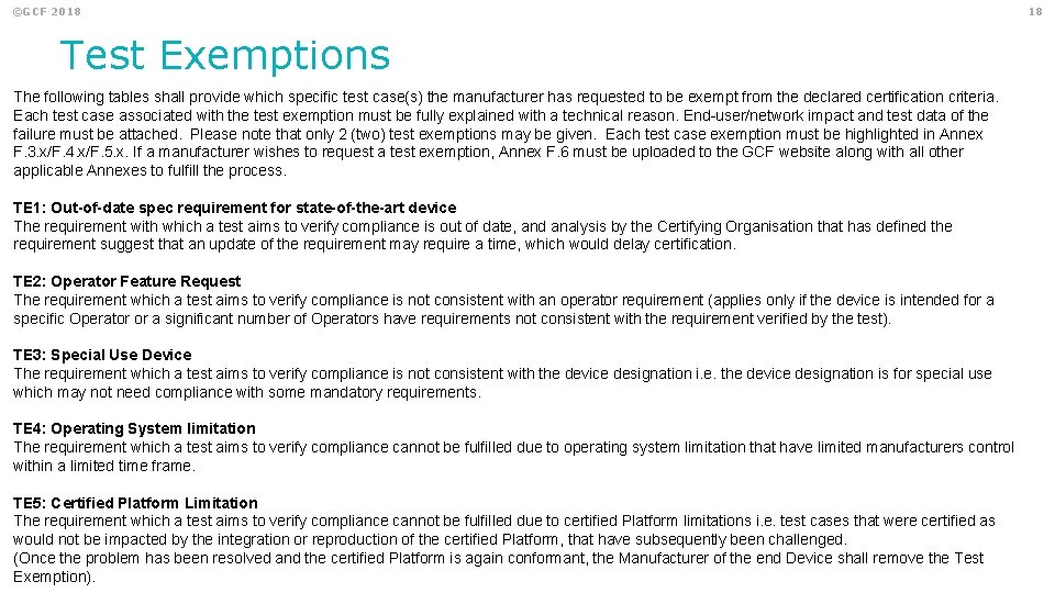 ©GCF 2018 Test Exemptions The following tables shall provide which specific test case(s) the